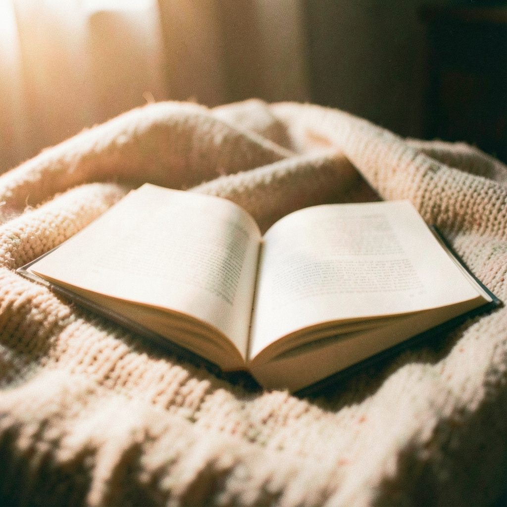 A warm, soft-focus analog film photograph of an open book resting on a cozy blanket, bathed in gentle golden-hour light with visible grain