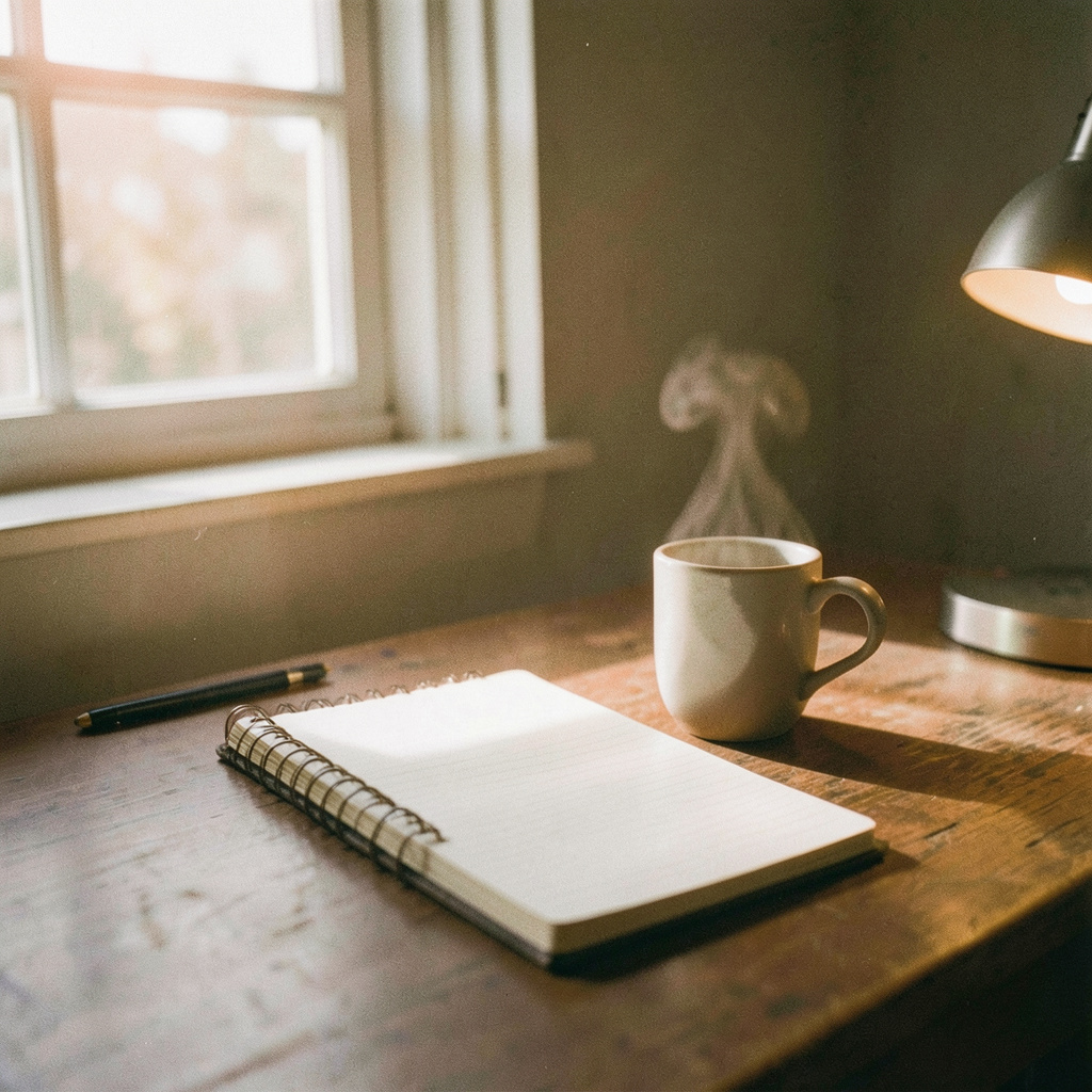 A warm analog film photograph of a quiet writing desk with a notebook and a steaming mug, soft natural light streaming through a window, gentle grain visible